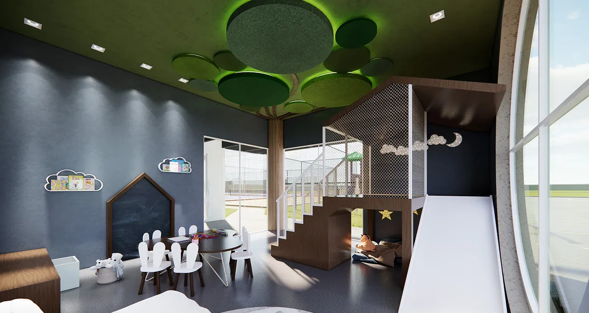 Espaço kids temático — brinquedoteca com casa de árvore e escorregador