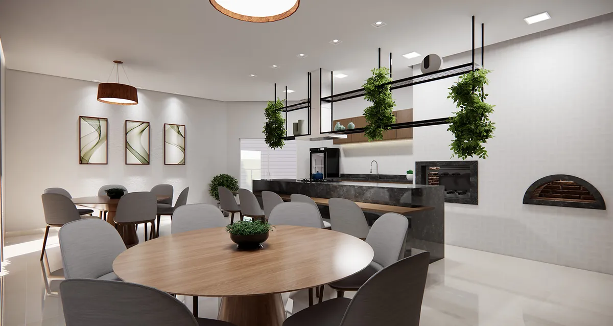 Espaço gourmet — cozinha de apoio, forno de pizza e mesa grande