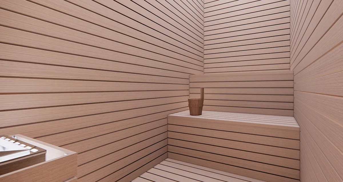 Sauna seca — cabine revestida em madeira clara